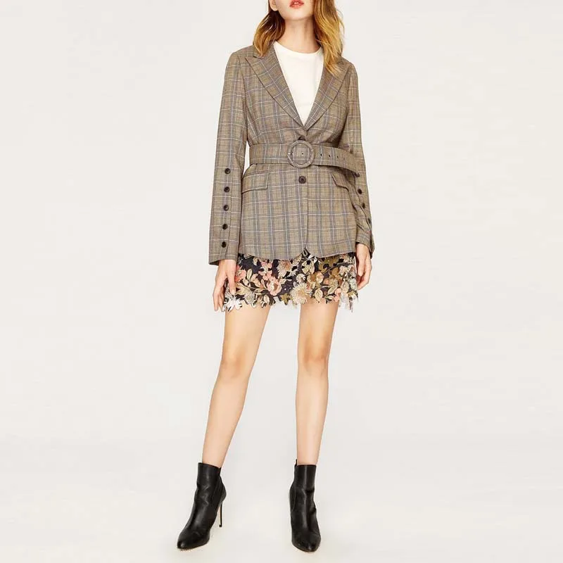 Vintage Ao829 Ceintures Longues 2019 Plaid Manteau Feminino Costume Femmes Boutons Manches Office À Lady Marque Mince Kaki Printemps Blazer eW2YDbH9EI