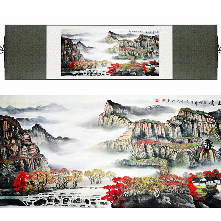 

Chinese Feng Shui Silk watercolor red tree Hill Waterfall Falls Landscape canvas wall picture damask framed scroll painting