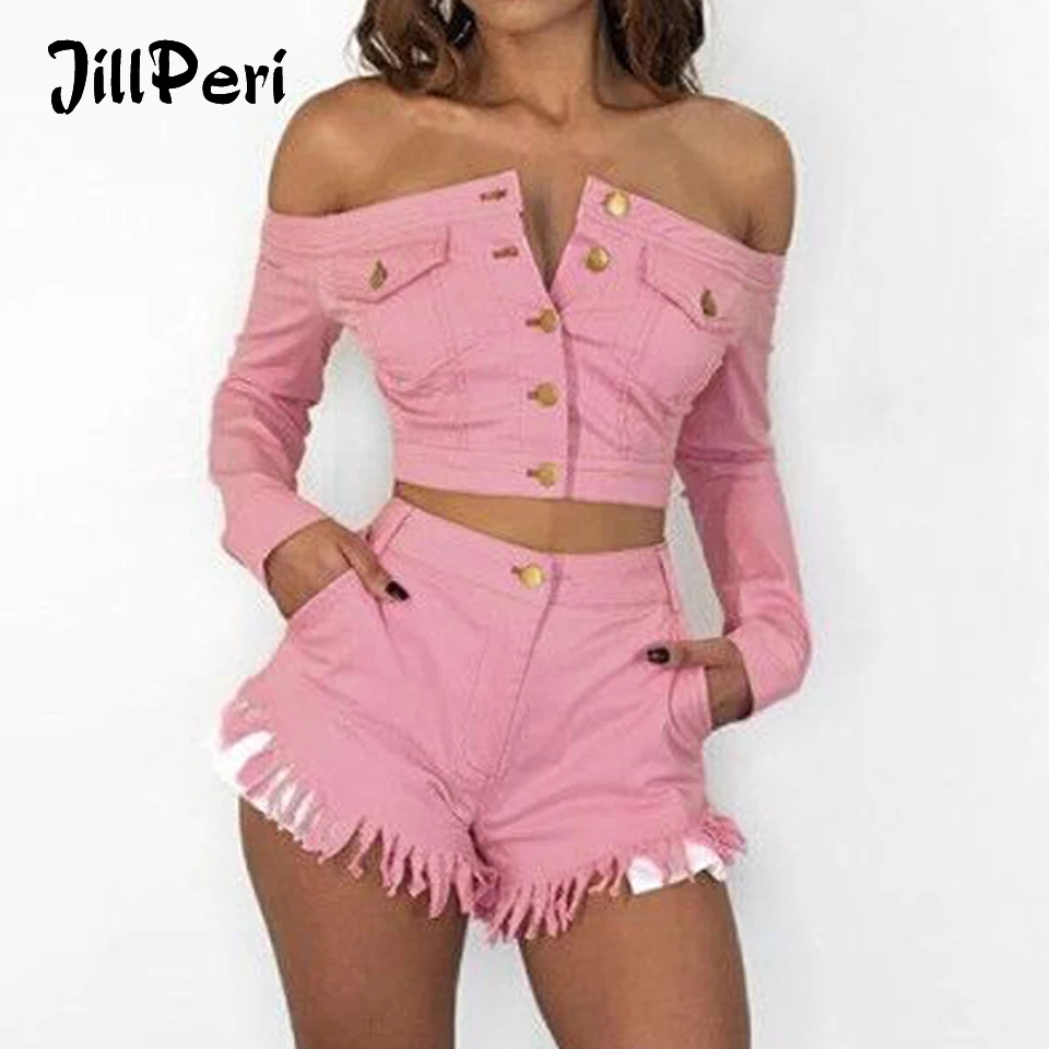 

JillPeri Women Sexy Off the Shoulder Denim Crop Top & Shorts 2 Piece Set Long Sleeve Pink Daily Outfit Tassel Short Pants Outfit