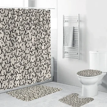 

4Pcs Home Bathroom Decor Set Cat Pattern Toilet Seat Cover Bath Mat Set+Waterproof Shower Curtain