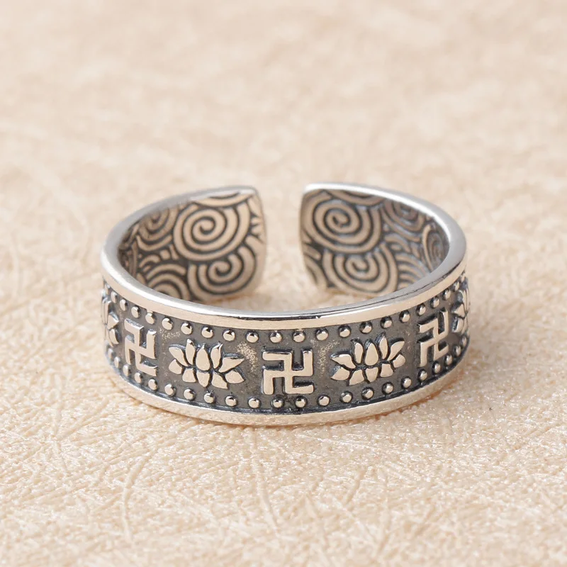 Настоящее чистое 925 пробы серебряные винтажные кольца Будды регулируемые шесть слов тибетские ювелирные изделия в стиле буддизма
