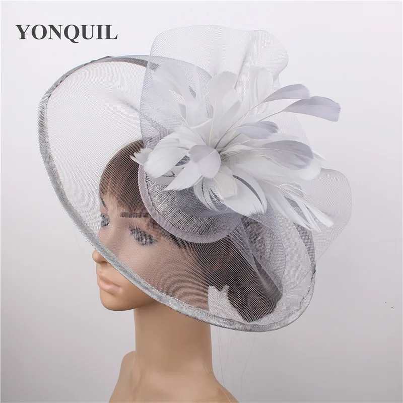 Large Silver Satin Hat Fascinator Clip Feather Ladies Day Races Wedding Ascot 17 
