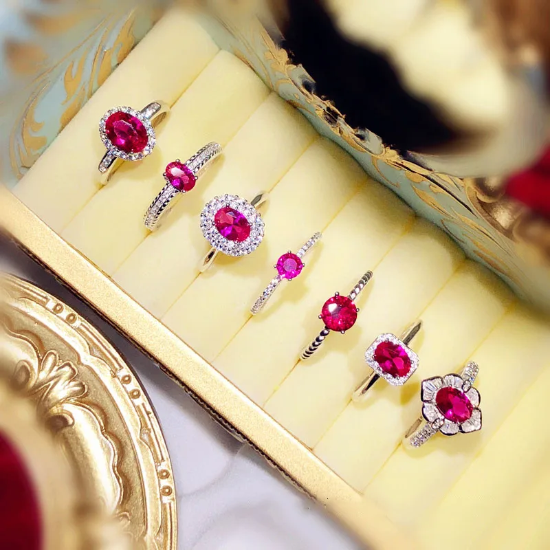 Дворец Винтаж S925 из стерлингового серебра, рубиновое Открытое кольцо для женщин красный корунд голубиное яйцо Анель палец кольцо