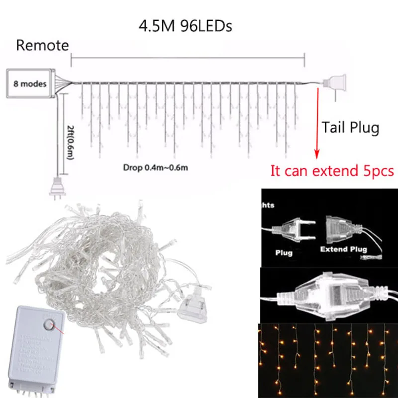 Szvfun Рождественские огни Внешний светодиодный экран Сосулька свет шнура 4,5 м Linkable Flasher новогодние вечерние украшения светодиодный Сказочный свет