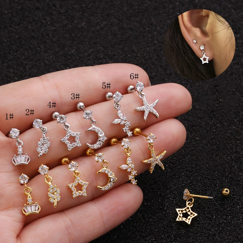 

1pc 20g Stainless Steel Barbell With Cz Crown Leaf Star Moon Butterfly Pendant Ear Cartilage Helix Piercing Earring