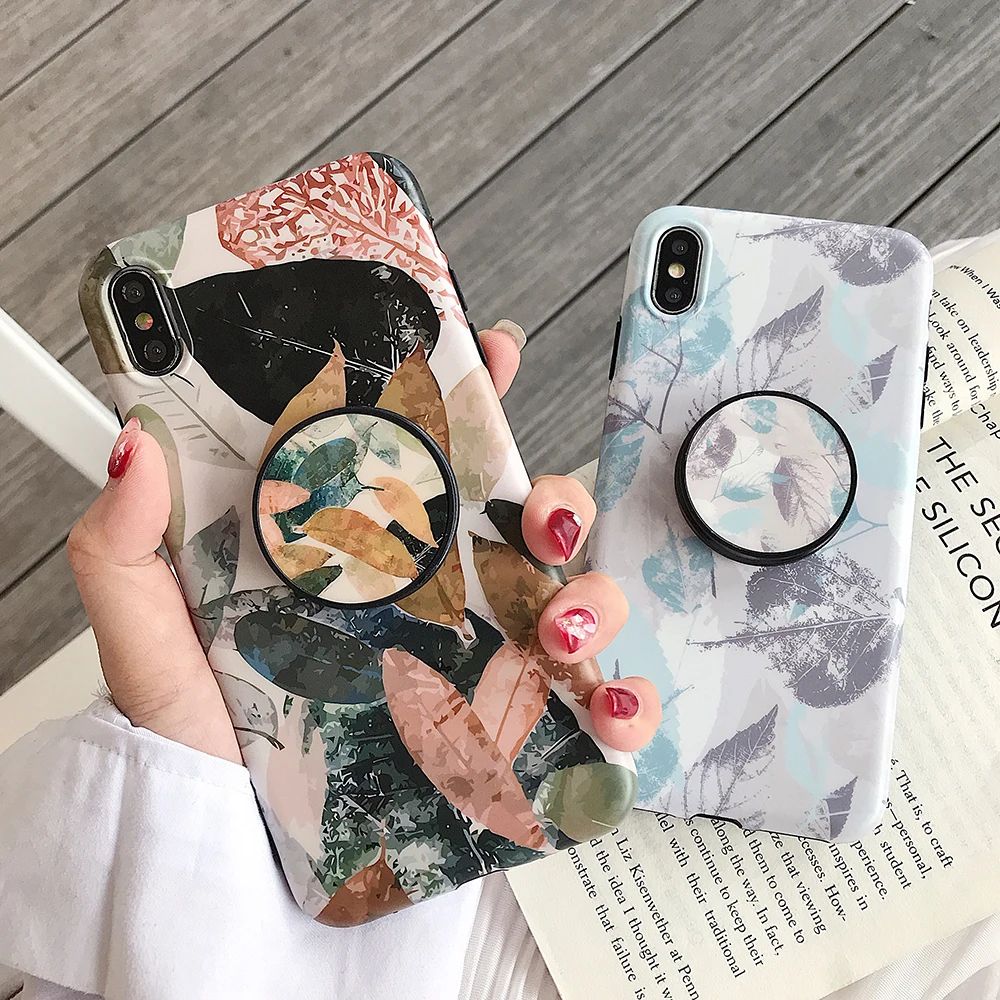 

SUYACS Vintage Leaves Phone Case For iPhone XR XS Max 6 6S 7 8 Plus X Soft IMD Flexible Kickstand Holder Phone Back Cover Cases