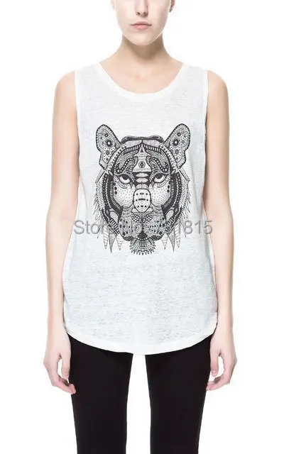New 2014 Spring Summer Women T-shirt Loose Cotton Casual O-Neck Print Tiger Steller Simple Sleeveless in StockHo | Женская одежда