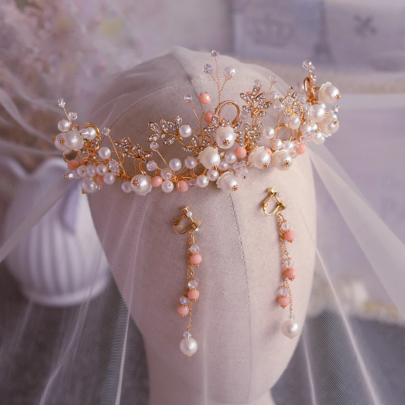 

European Pearls Wedding Crowns Tiaras with Earring Bridal Gold Headbands Brides Hair Accessory Evening Headdress