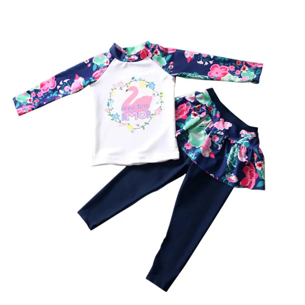 Kids Girls Cartoon Printing Quick Dry Long Sleeve Skirt Type Top Pants Muslim Swimwear Set Summer Beach Clothing Swimsuits - Цвет: Navy blue