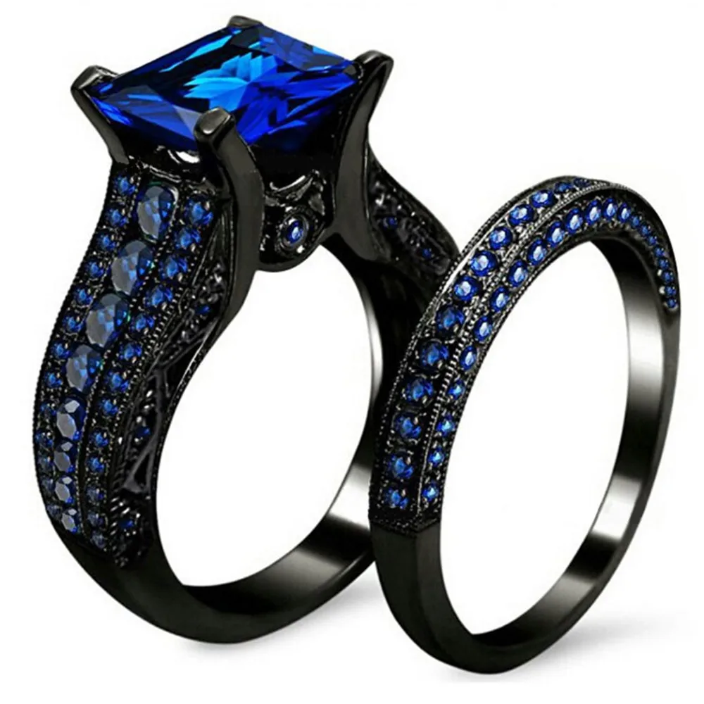 Black Silver Engagement Wedding Couples Ring Set Womens 2pcs Princess White CZ Blue Mens 316L Stainless Steel Jewelry