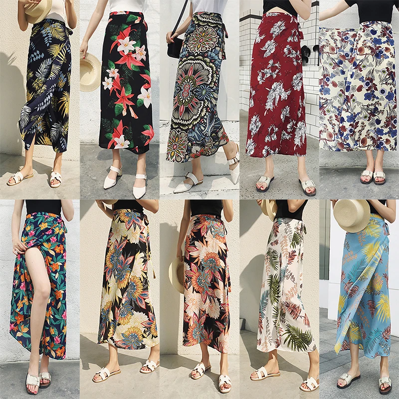 

One-piece Chiffon Wrap Skirt Boho Summer Holiday Skirt Women High Waist Long Slim Wrap Floral Skirt