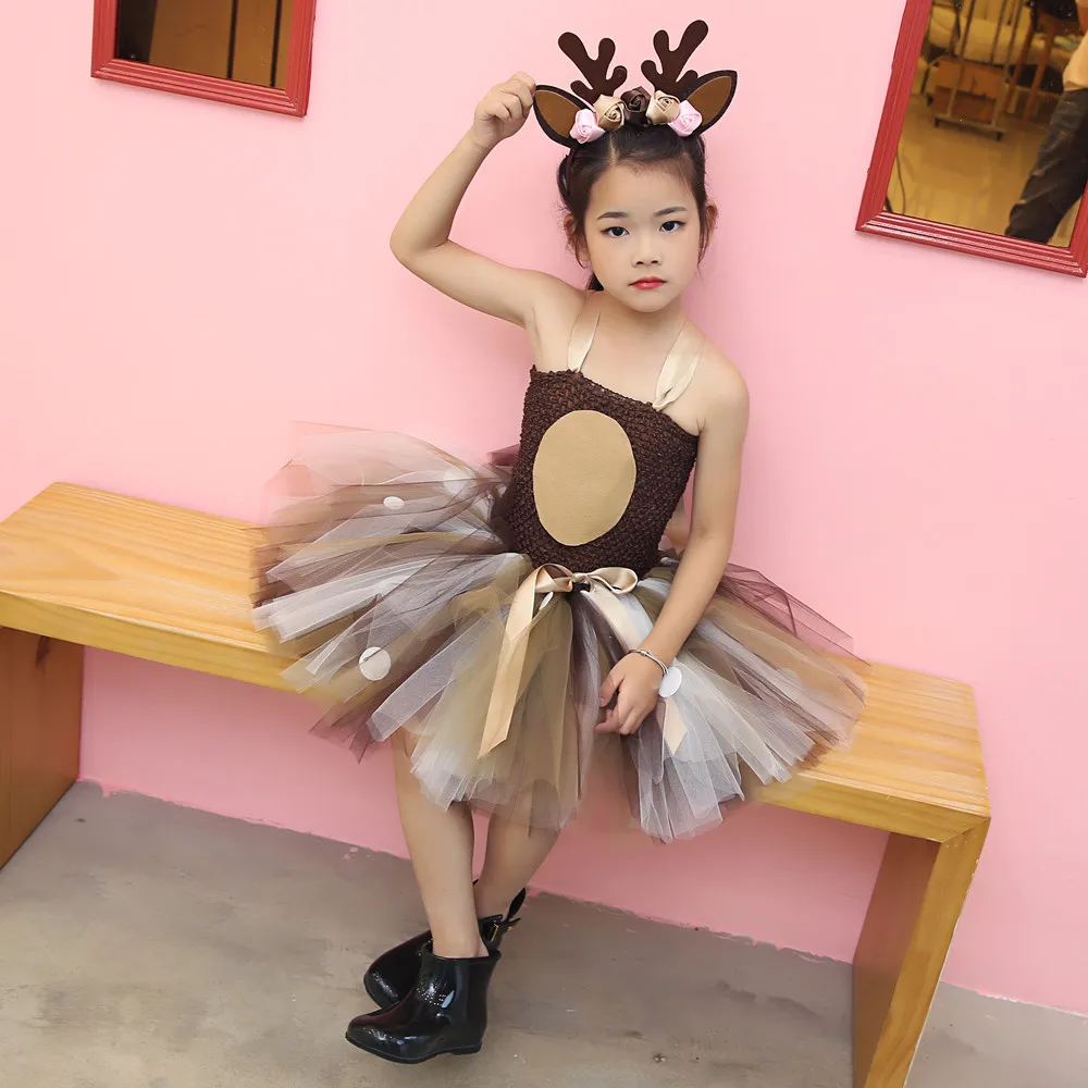 Одежда для маленьких девочек, коричневое платье-пачка с оленем, костюм на Хэллоуин для девочек, детское праздничное платье на день рождения, детское платье для костюмированной вечеринки, одежда