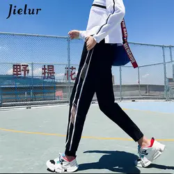 Jielur осень женские штаны для фитнеса черная сторона Полосатые Карманы шнурок женские штаны-шаровары повседневное корейский Классический
