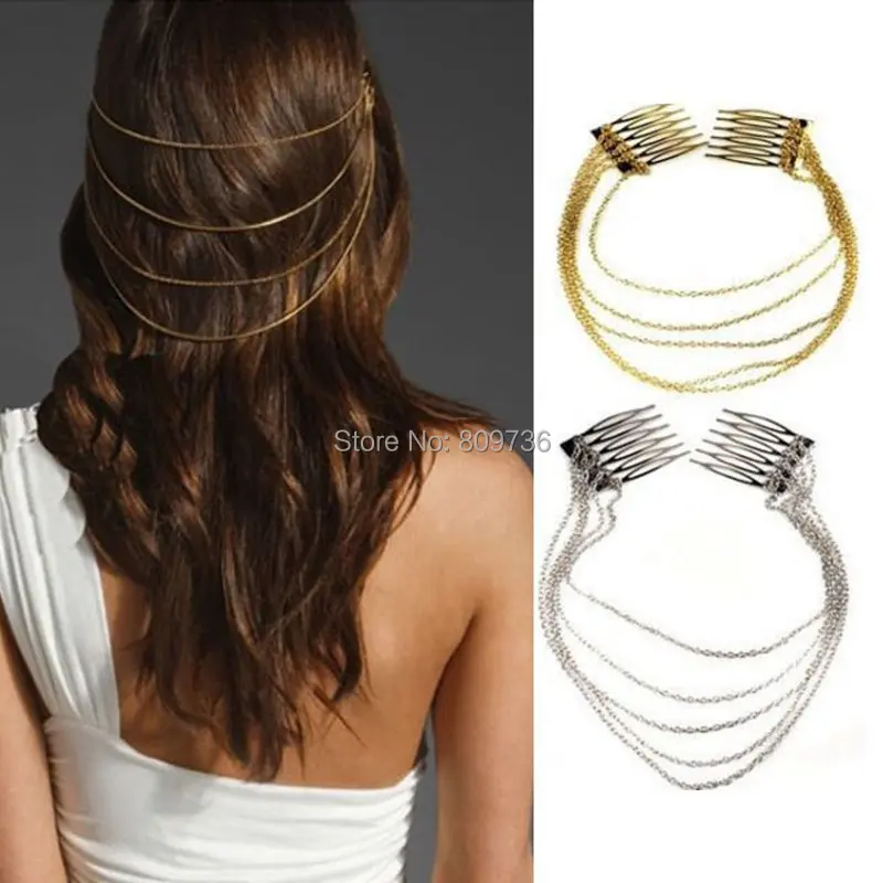 1 x Punk Hair Cuff Pin Clip 2 Combs Tassels Chains Head Band Silver