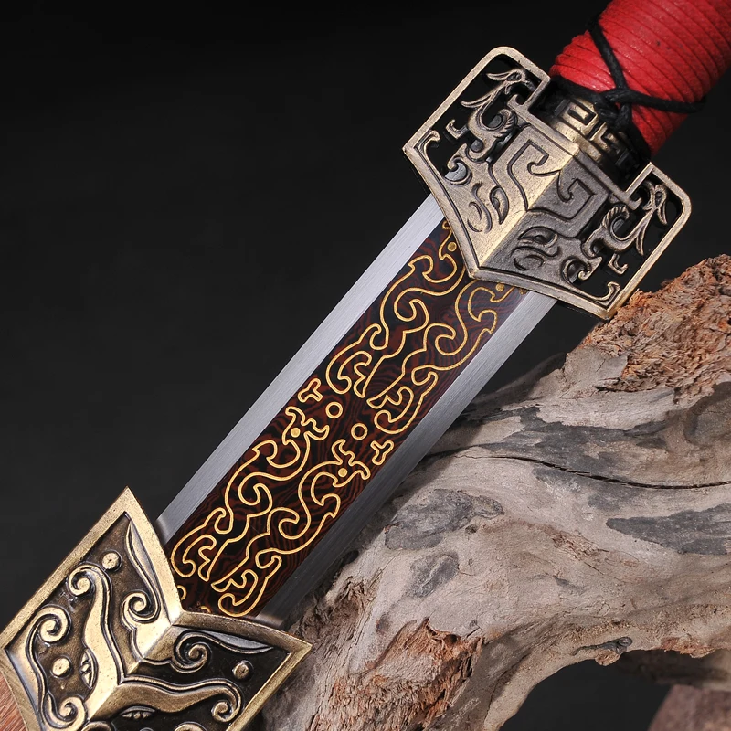 

Red Blade Chinese Sword Fully Hand-made Damascus Folded Steel Straight Full tang bade Collection sword Carving Dragon