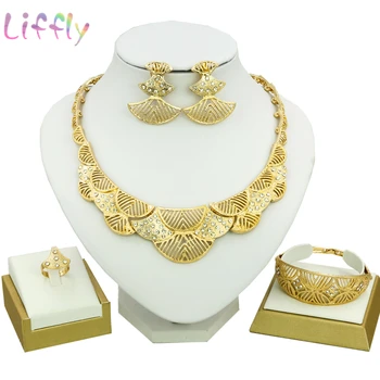 

Liffly Dubai Jewelry Sets Female Bridal Jewelry Sets Half Moon Crystal Necklace Earrings Bracelet Fashion Gold Jewelry