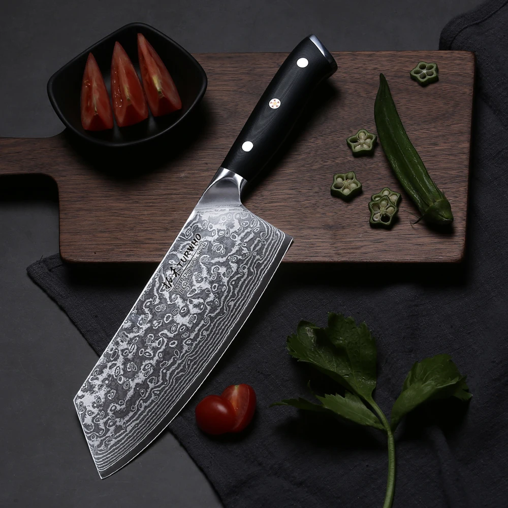 Набор кухонных ножей TURWHO из 3 предметов, Высокоуглеродистый японский дамасский стальной Кливер Santoku, универсальный нож для овощей G10, нож шеф-повара