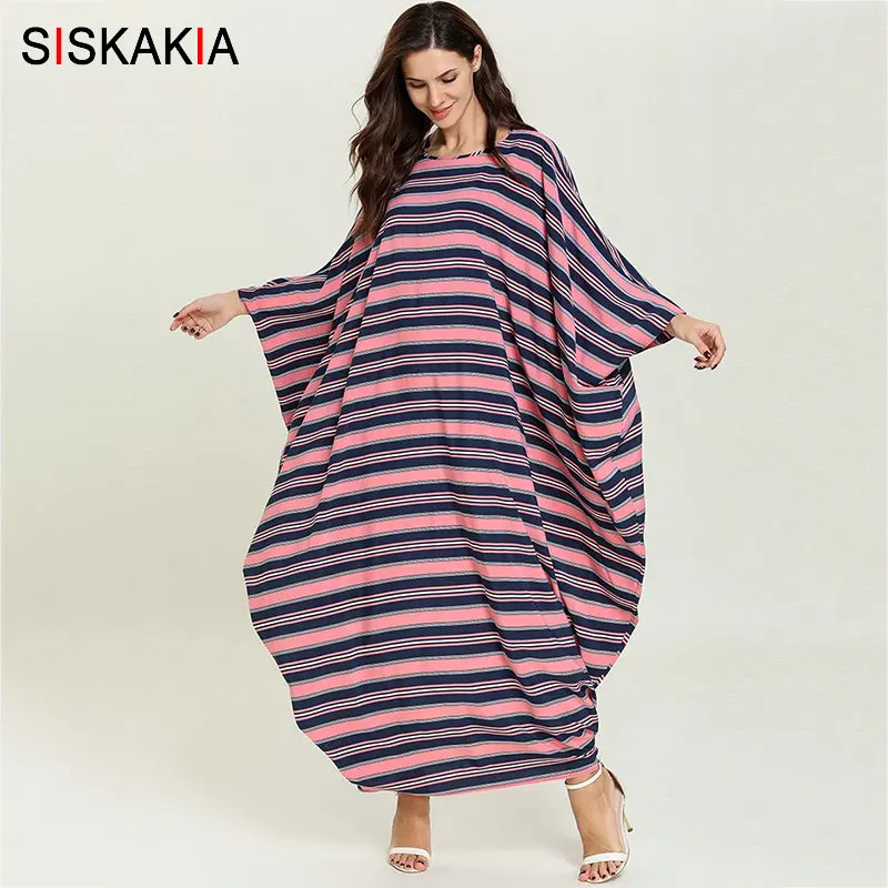

Siskakia Oversize Batwing Sleeve Women Long Dress Elegant Stripe Printing Dressing Gowns Female Plus Size Casual Abaya Dress New