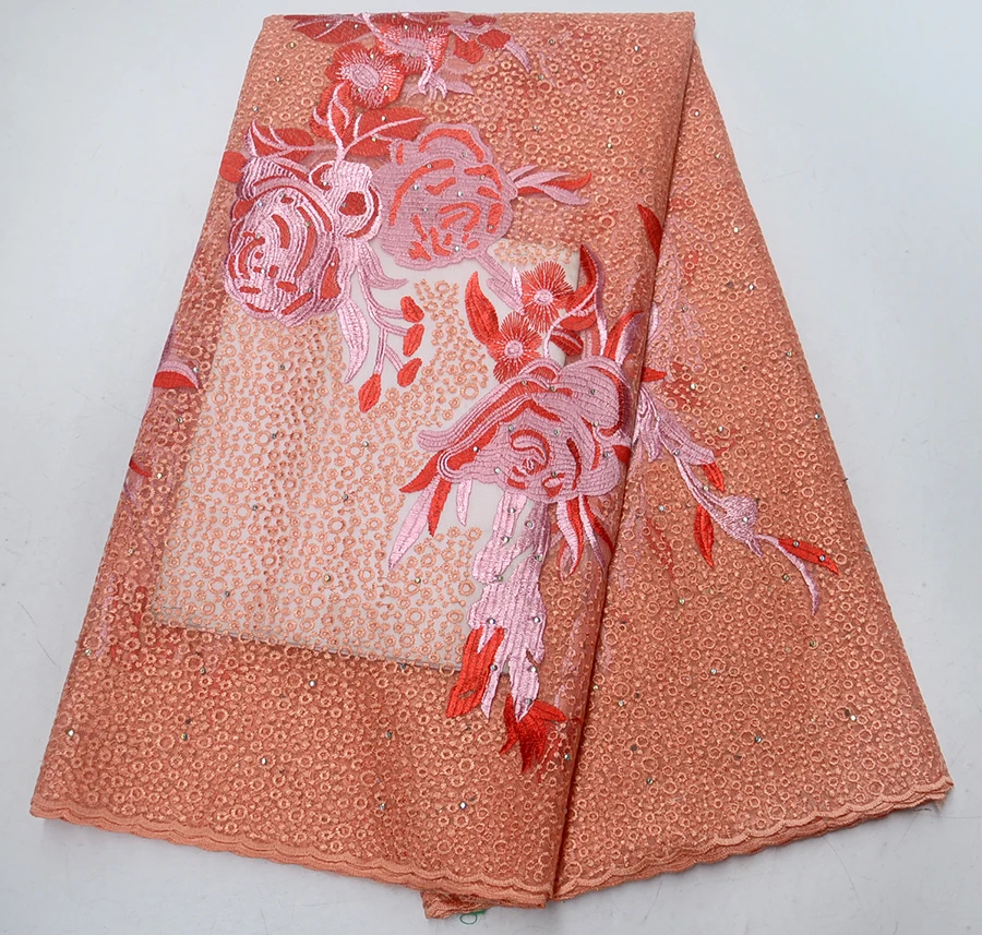 

Beautiful Peach High Quality African embroidered Tulle Lace Fabric 2019 New Arrival Nigerian Lace Fabrics For Wedding dress