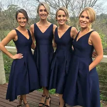 Navy Blue Bridesmaid Dresses Tea Length Cheap Party Dresses With Pockets Wedding Prom Dresses robe demoiselle d’honneur