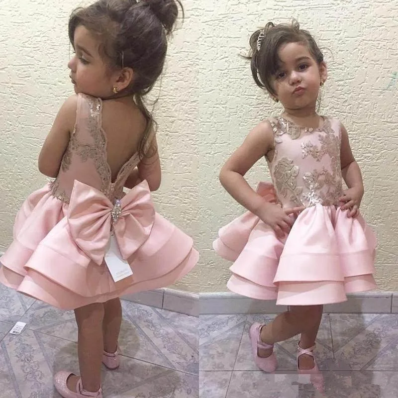 

Satin Flower Girl Dresses For Weddings Sequin Applique Kids Birthday Formal Pageant Prom First Holy Communion Party Dresses