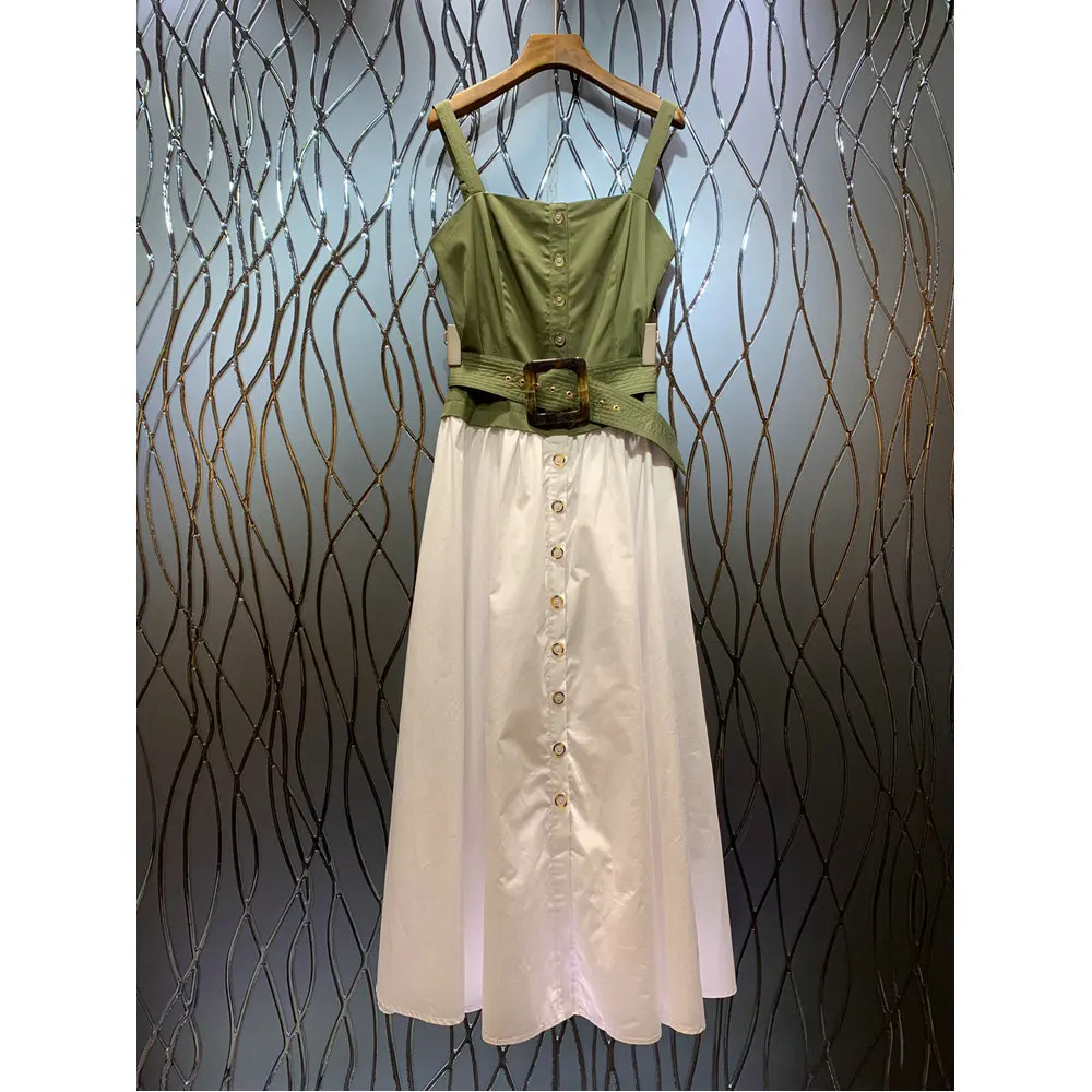 Zomer 2019 Nieuwe Borst-vegen Schorsing met Bovenste en Losse Jurk met Enkele rij Knop Zomer 2019 Nieuwe Borst-vegen Schorsing met Bovenste en Losse Jurk met Enkele rij Knop