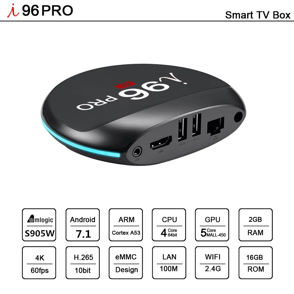 I96 PRO Smart tv Box Android 7,1 2 GB Ram 16 GB Rom AMLOGIC S905W 2,4G wifi BT 4,0 4 K USB3.0 H.265 Google Play IP tv set top box