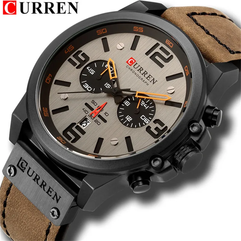 CURREN мужские военные часы Топ бренд класса люкс кожаный ремешок спортивные водонепроницаемые кварцевые наручные часы Дата Часы Relogio Masculino - Цвет: Black gray