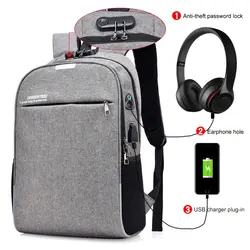 Для мужчин холст рюкзак для ноутбука противоугонной блокировки зарядка через usb школьные сумки многофункциональные наушники отверстие