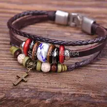 G58 серебряные новые пляжные кожа резьба по дереву и каменные бусы Крест Жесткий Браслет-манжета Для Мужчин's