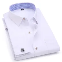 Мужские рубашки с французскими манжетами, синяя белая деловая Повседневная рубашка с длинными рукавами, приталенная однотонная французская рубашка с запонками
