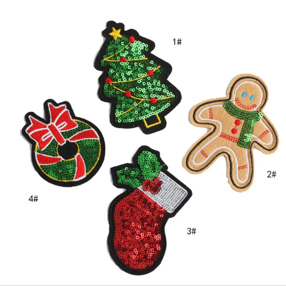 

DIY Sequin Patch Christmas tree Ginger Man Baby stocking Bowkont iron on clothes patches 3D Stickers Applique Embroidery Hipster