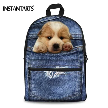 

INSTANTARTS Middle School Students Canvas Backpacks 3D Cute Denim Animal Dog Printing Schoolbag Casual Women Book Shoulder Bags