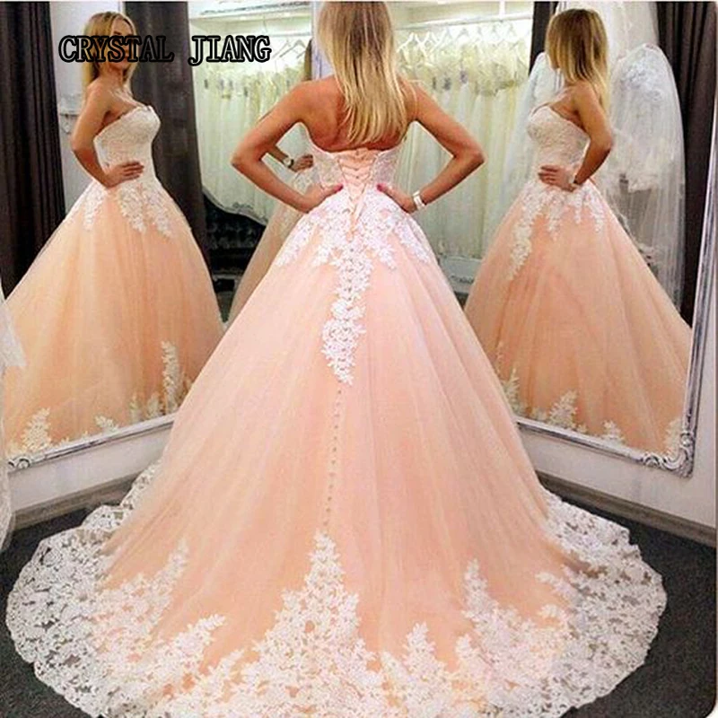 Strapless Sleeveless Lace Liques Peach Wedding Dresses 2017 With Strapless Sleeveless Lace Liques Peach Wedding Dresses 2017 With Corset Back Court Train Bridal Gown Customized In From Weddings Events