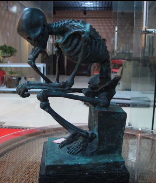 

free Art Decor Pure Copper Bronze Marble Base Figurine Skull Thinker Statue Sculpture fast