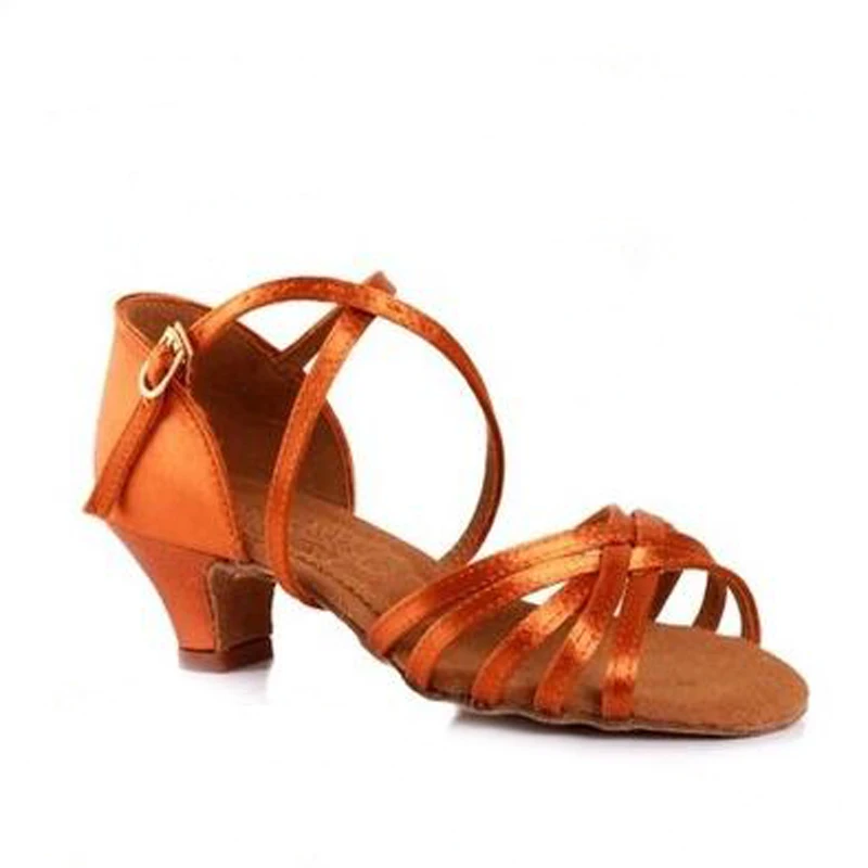 Satin Fabric Dark Tan Color 1.38" Low Heel Children Teenagers Latin Dance Shoe Classic International Latin Dance Shoes For Girls