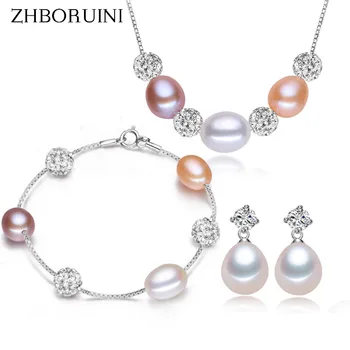 

ZHBORUINI Fashion Necklace Pearl Jewelry sets Natural Pearl Mix-color 925 Sterling Silver Necklace Earrings Pendants For Women