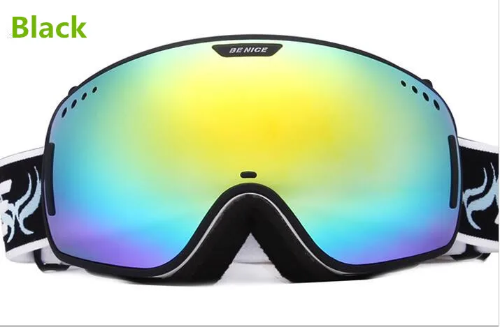 Benice бренд лыжные очки линзы UV400 двойной анти-туман большие сферические профессиональные лыжные очки унисекс многоцветный сноуборд очки - Цвет: Black