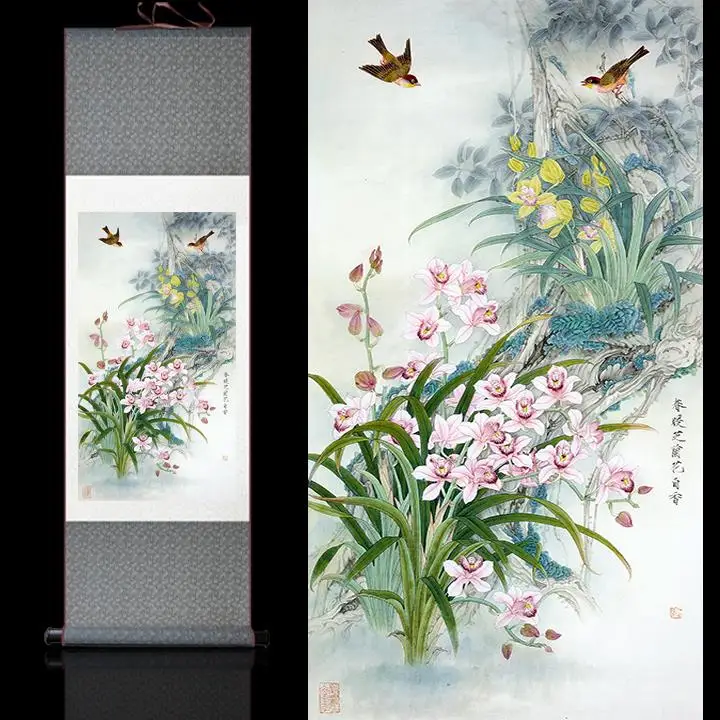 

Chinese art birds and flowers silk painting art painting Birds and Flowers art paintingPrinted painting