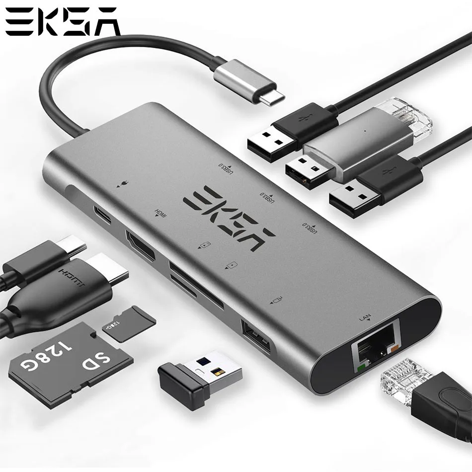 

EKSA USB-C HUB Type C HUB to USB 3.0 RJ45 HDMI USB2.0 PD Charging Adapter SD/TF Solt for MacBook Pro Samsung Galaxy S9 USB C HUB