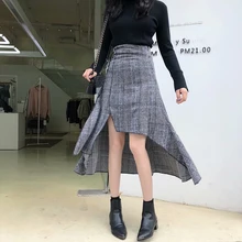 Korean Style Antumn Asymmetrical Hemline Plaid Casual Skirt Irregular Bottom Women Mid-calf Skirt