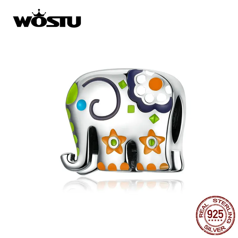 WOSTU 925 Sterling Silver Colorful Happy Elephant Beads Enamel Charms Fit Original Bracelet Pendant Fashion Jewelry Gift FNC095