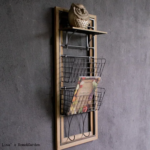 

hand crafted wood metal antique wall shelf with hooks