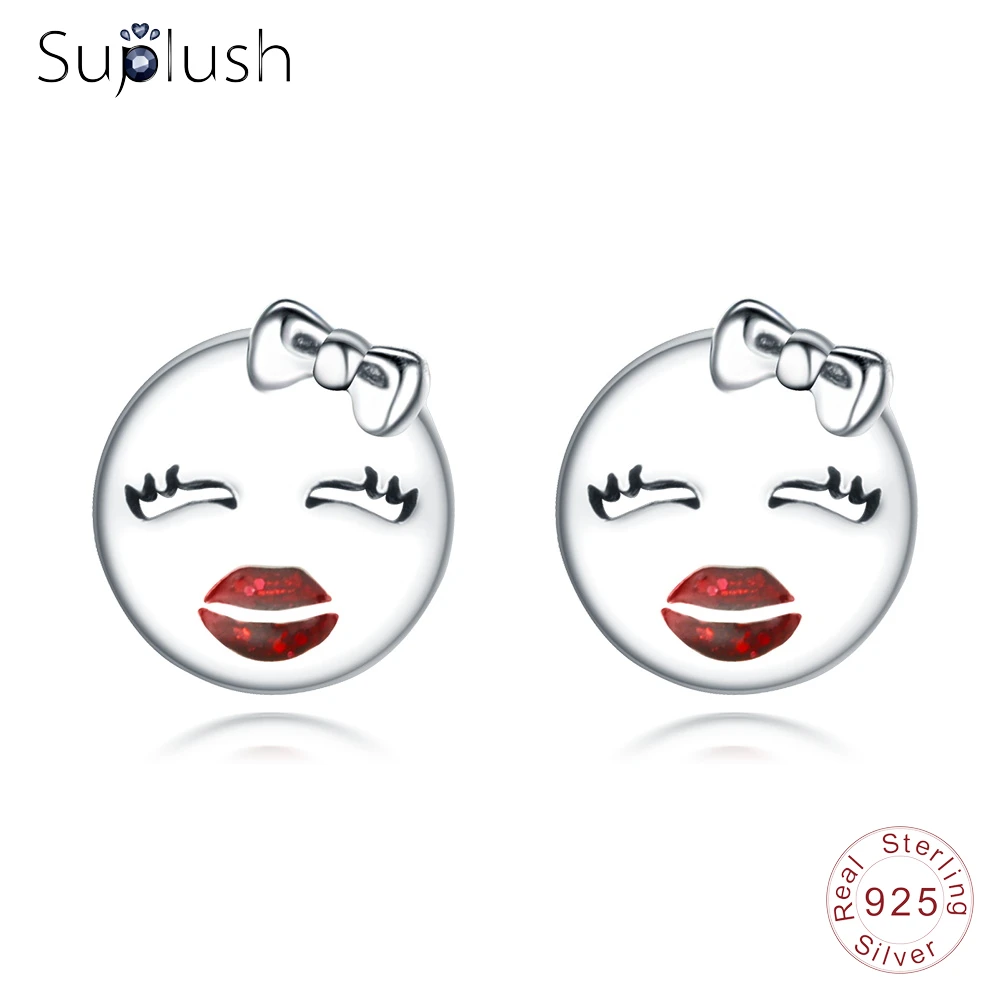 

Suplush Authentic 925 Sterling Silver Smiley Face Charm Ear Stud Earring Fashion Jewelry Findings For Women Girl Gift PSER0137-B