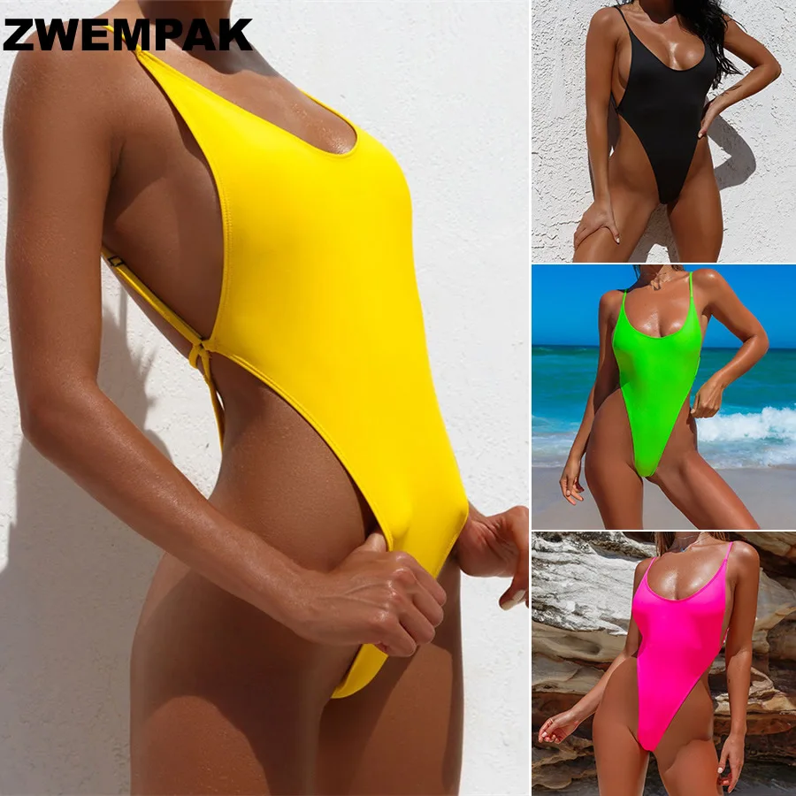 

One Piece High Cut Swimwear Solid Padded Monokini Bandage Bathers Beach Bathing Suit Brazilian Thong Swim Suit Fused For Women