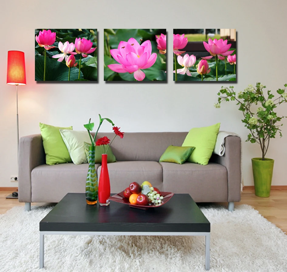 Image Free shipping realist 3 pieces landscape water lily print painting No frame high quality modern home decoration canvas