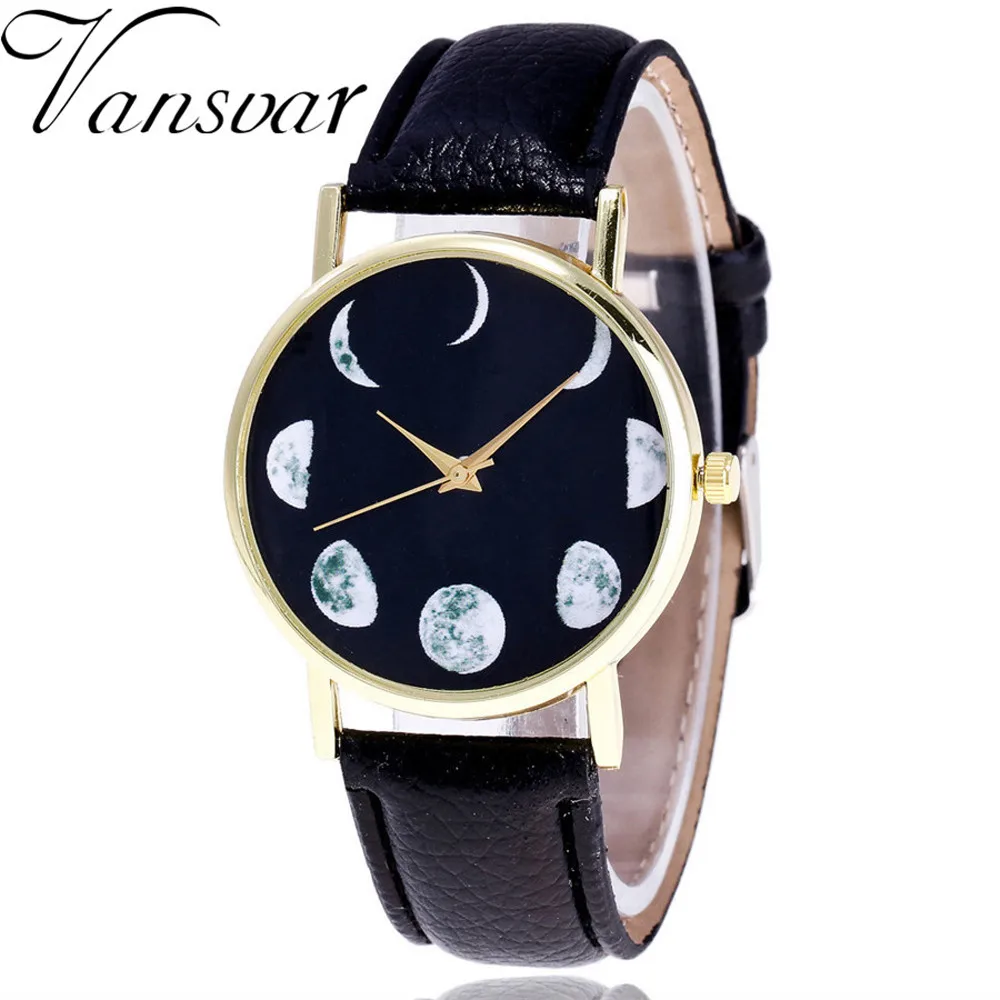 

Vansvar luxury relogio feminino Moon pattern watch Round Black Dial Leather Band Analog Quartz Wrist Women Ladies Watches B30
