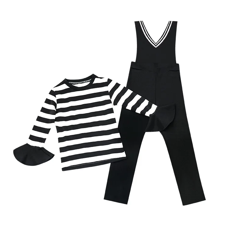 

girls clothes sets 2019 new spring kids clothes top long flare sleeve striped t shirt+black bib pants 2pcs girl sportswear 4-15T