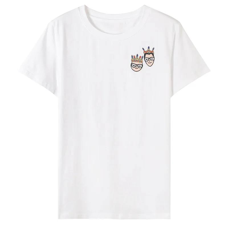 

Summer Women White T-Shirt Short-Sleeve Casual Cotton Embroidery Prince Princess Head Tee Girl SimpleTees Top harajuku