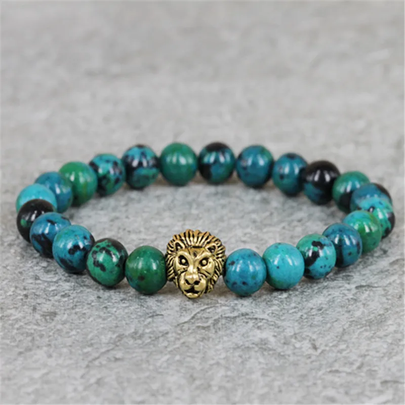 8mm Green Phoenix Stone Beads Bracelet, Antique Silver and Gold Color ...